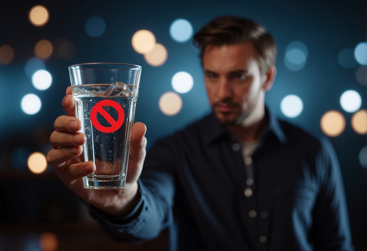 A person holding a glass of water with a red "no" symbol over it, while a person with a worried expression looks at it