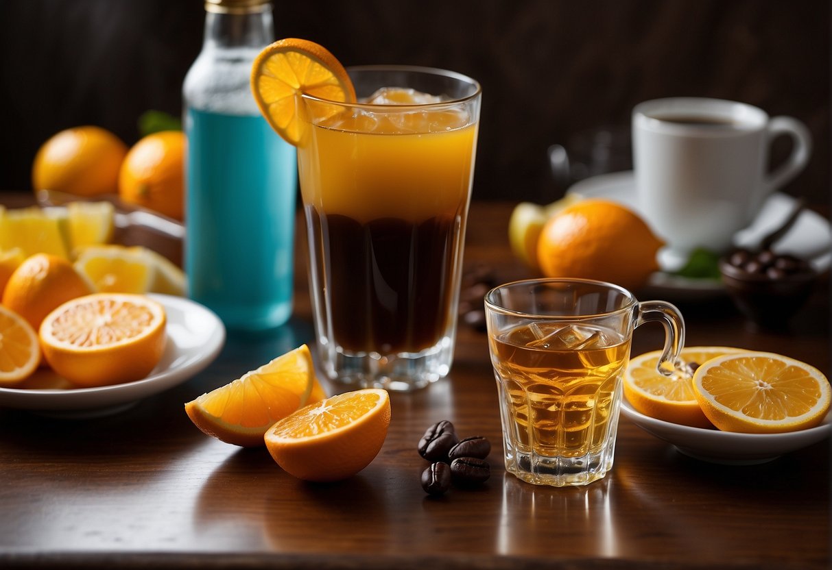 A table with a variety of beverages, including coffee, alcohol, and citrus juices, next to a crossed-out symbol indicating "no" for incontinence