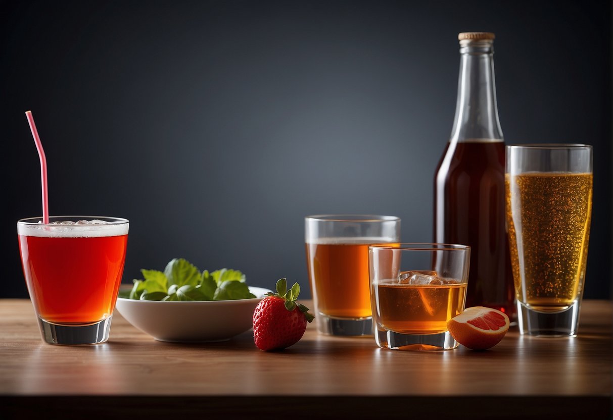 A table with various beverages and a red circle with a line through it to indicate "do not drink" for incontinence