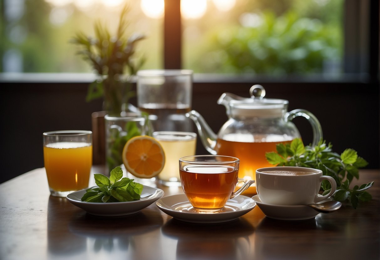 A table with various drink options: water, herbal tea, and non-acidic juices. Avoiding alcohol and caffeinated beverages