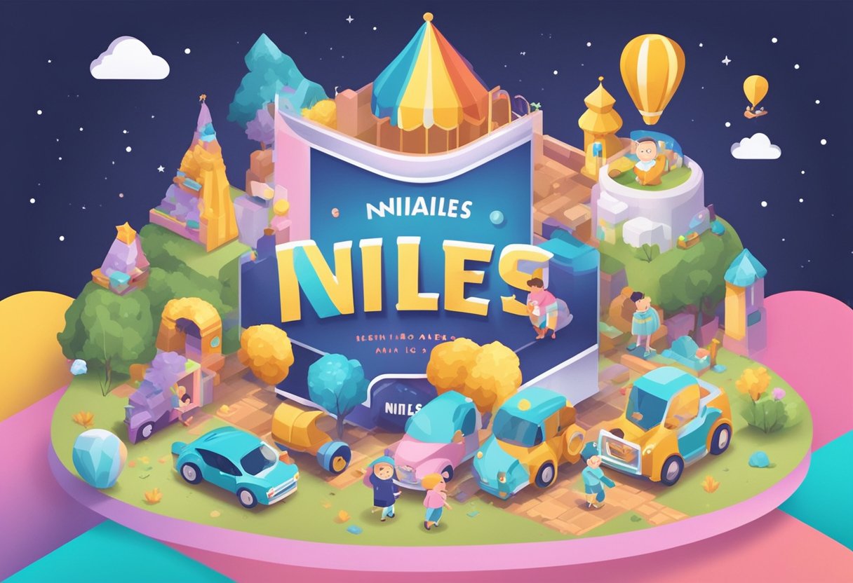 A baby name "Niles" displayed on a colorful banner with playful fonts and surrounded by cute baby-themed illustrations