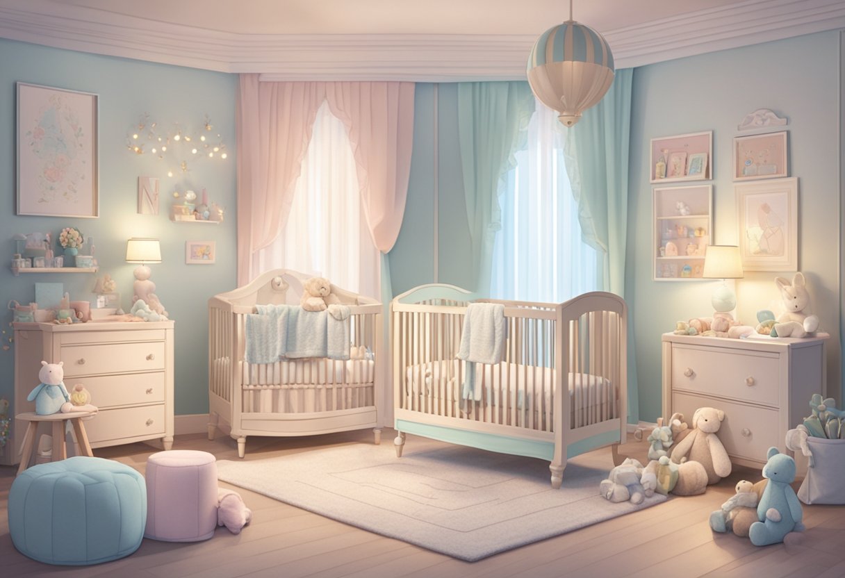 A cozy nursery with a crib adorned with the name "Noelle" in delicate script, surrounded by soft, pastel-colored toys and blankets