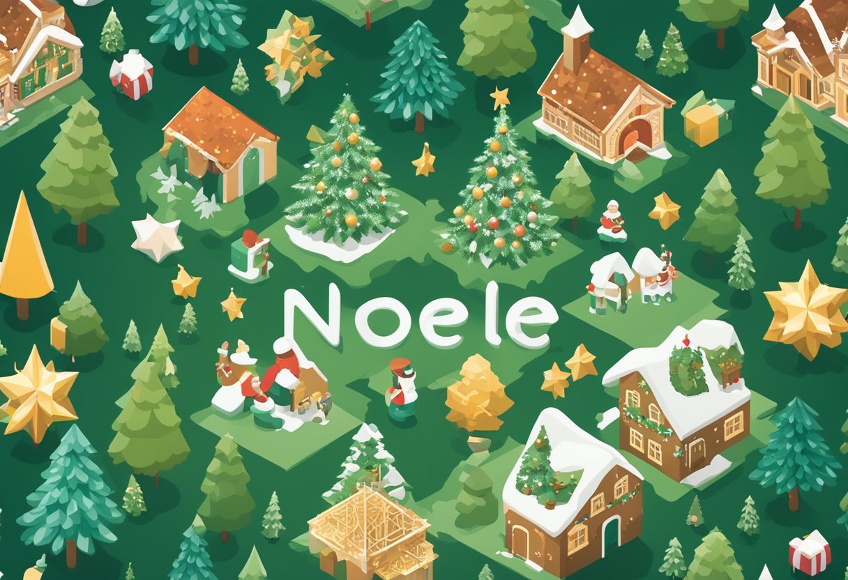 A baby name "Noelle" displayed on a list of popular and culturally significant names, surrounded by festive symbols like Christmas trees and snowflakes