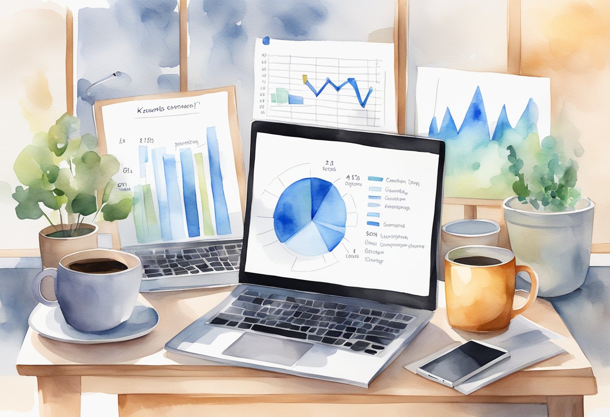 Keywords everywhere platform analysis: laptop, desk, charts, graphs, keyboard, mouse, coffee mug, window, sunlight