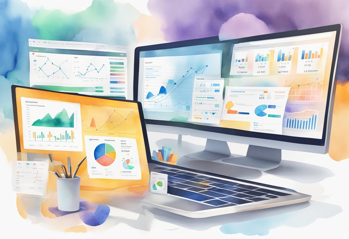 Keywords displayed on screens next to charts and graphs, with competitors' logos and data