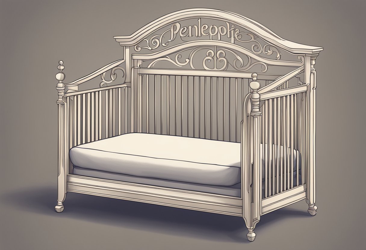 A crib with the name "Penelope" written in elegant script above it