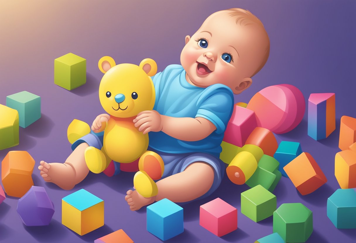 A baby named Peter playing with a colorful toy