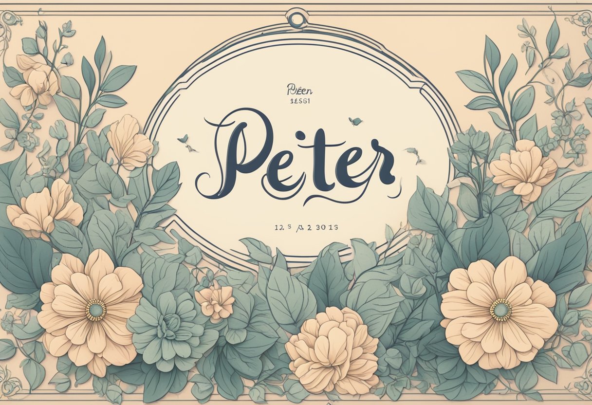 A baby name Peter displayed on a vintage-inspired nameplate with elegant lettering, surrounded by soft pastel-colored flowers and delicate foliage