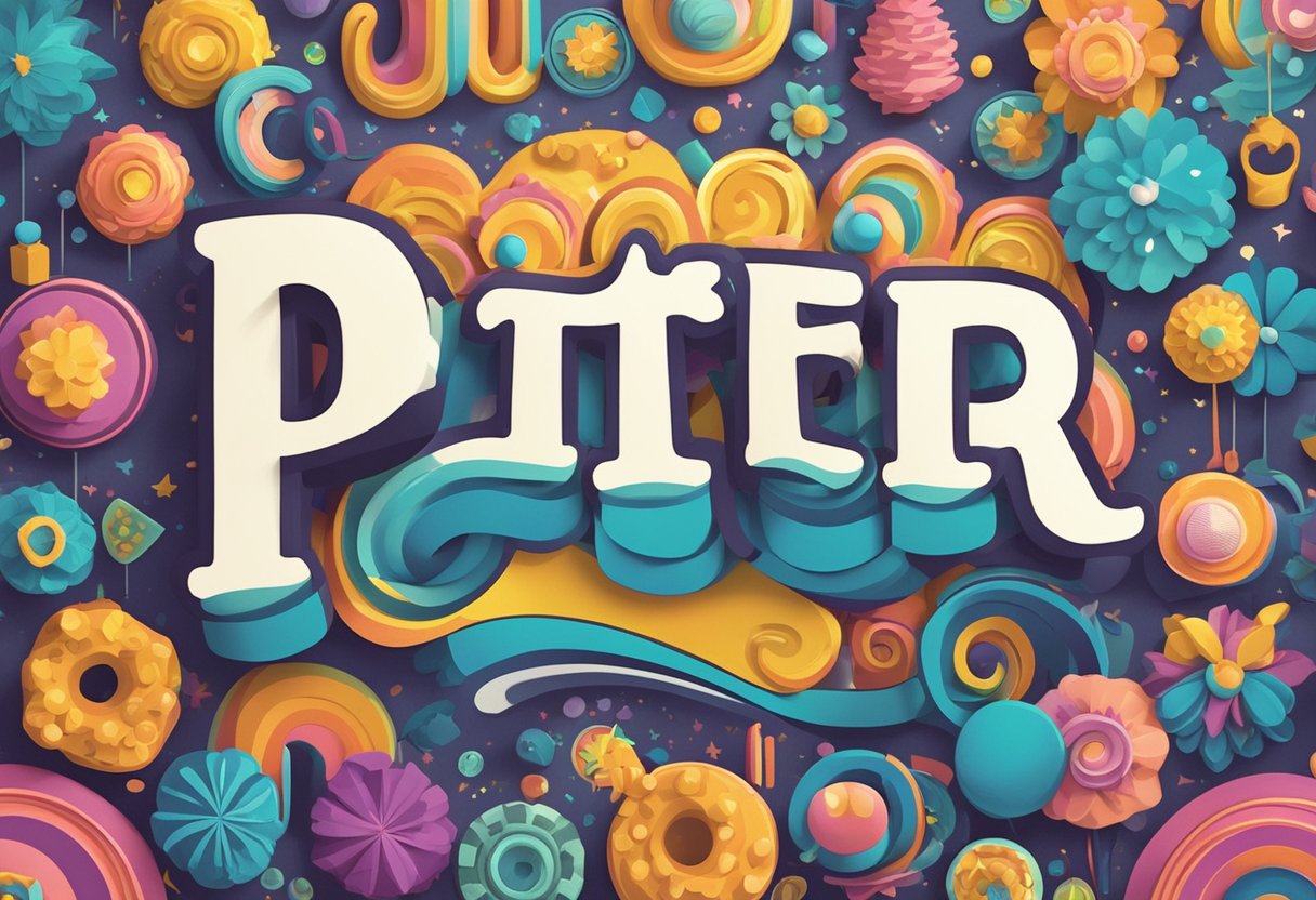 A baby name "Peter" displayed on a colorful sign with playful fonts and surrounded by cheerful and vibrant elements