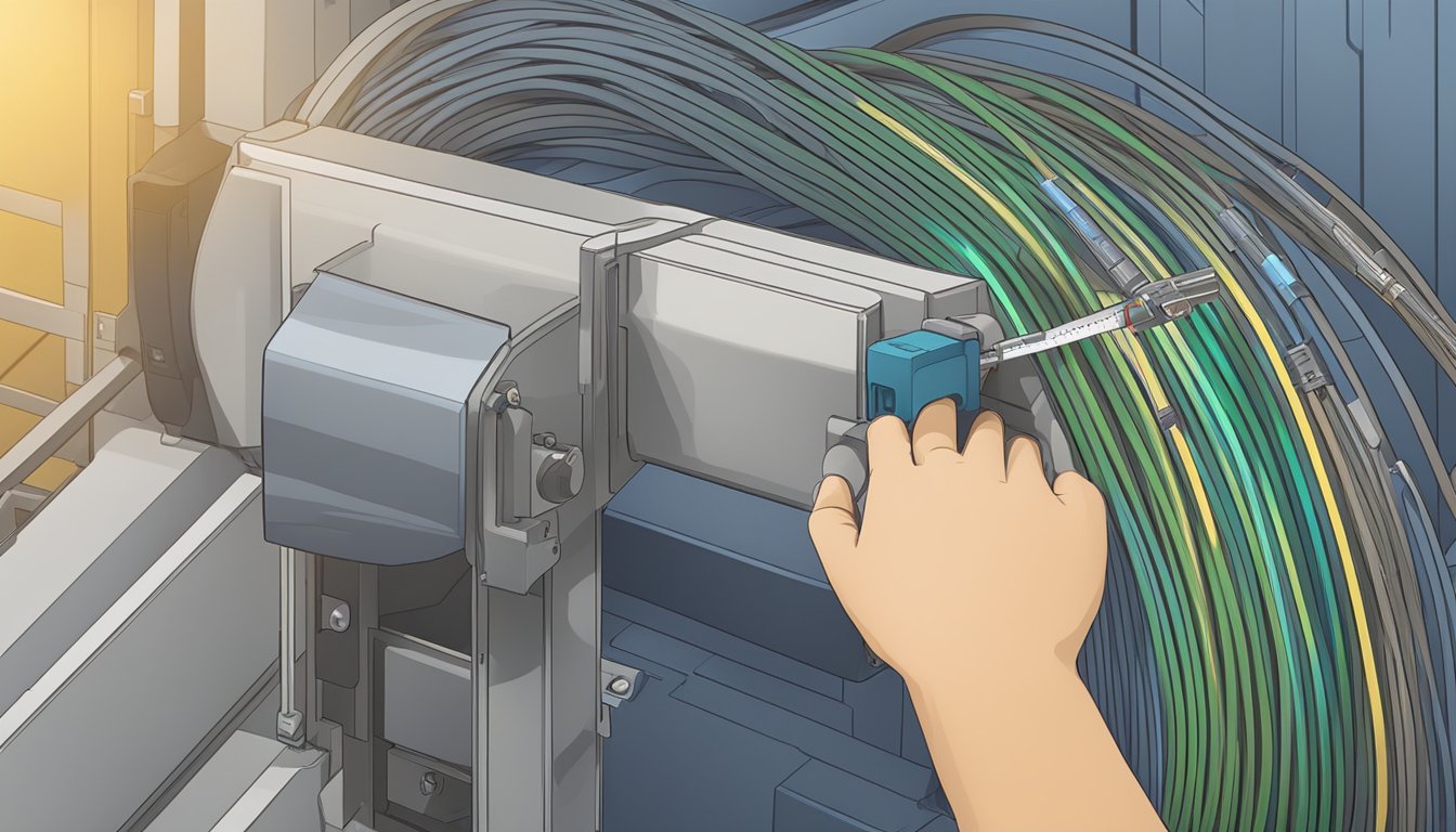 A fiber optic cable is being measured and labeled with its cost per foot