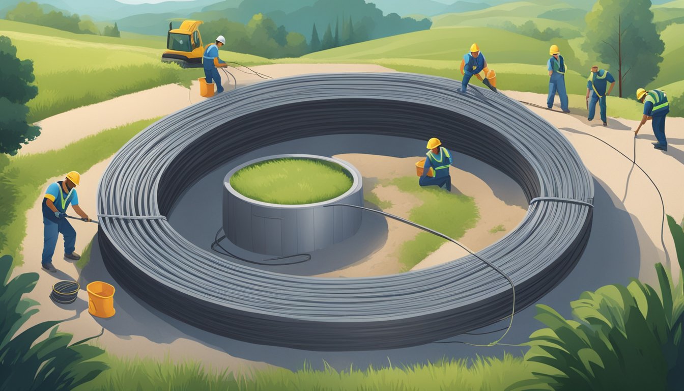 A spool of fiber optic cable unrolling across a landscape, with workers installing it into the ground. The cable is sleek and modern, with a high-tech feel