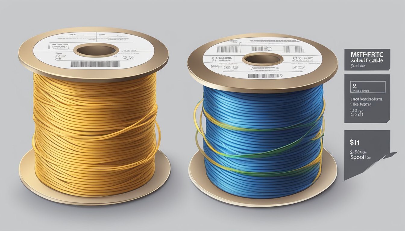 A spool of fiber optic cable unwinds, revealing the delicate strands within, with a price tag per foot displayed prominently