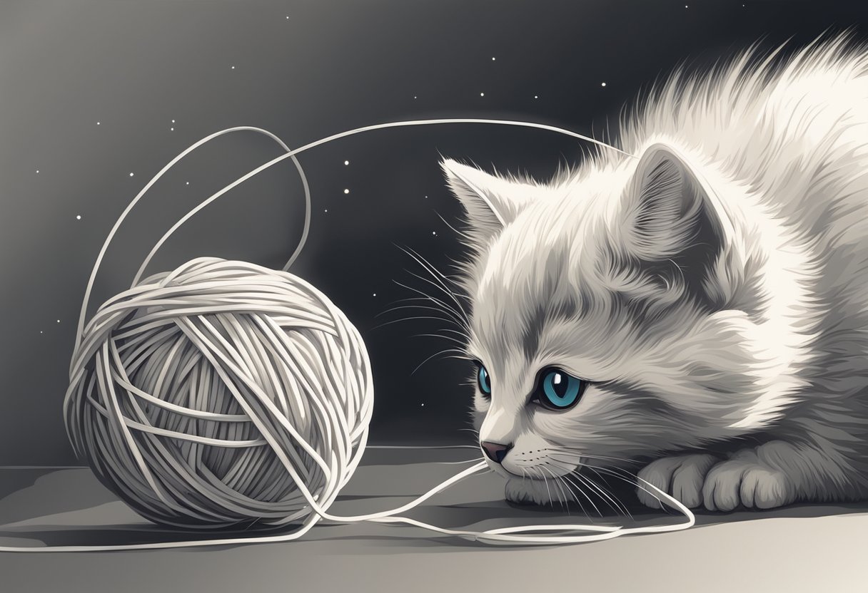 A small, fluffy kitten named Penny playing with a ball of yarn