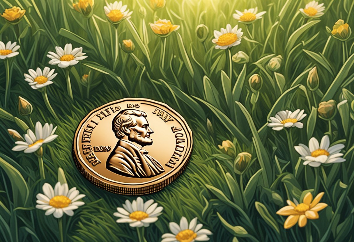 A shiny penny lies on a bed of soft green grass, surrounded by blooming wildflowers. The sun's rays gently illuminate the scene, casting a warm glow over the small, precious coin