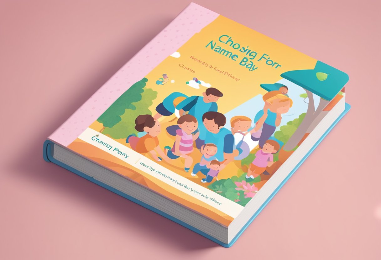A smiling baby book with "Choosing the Name Penny for Your Baby" on the cover, surrounded by colorful name options and a happy family in the background