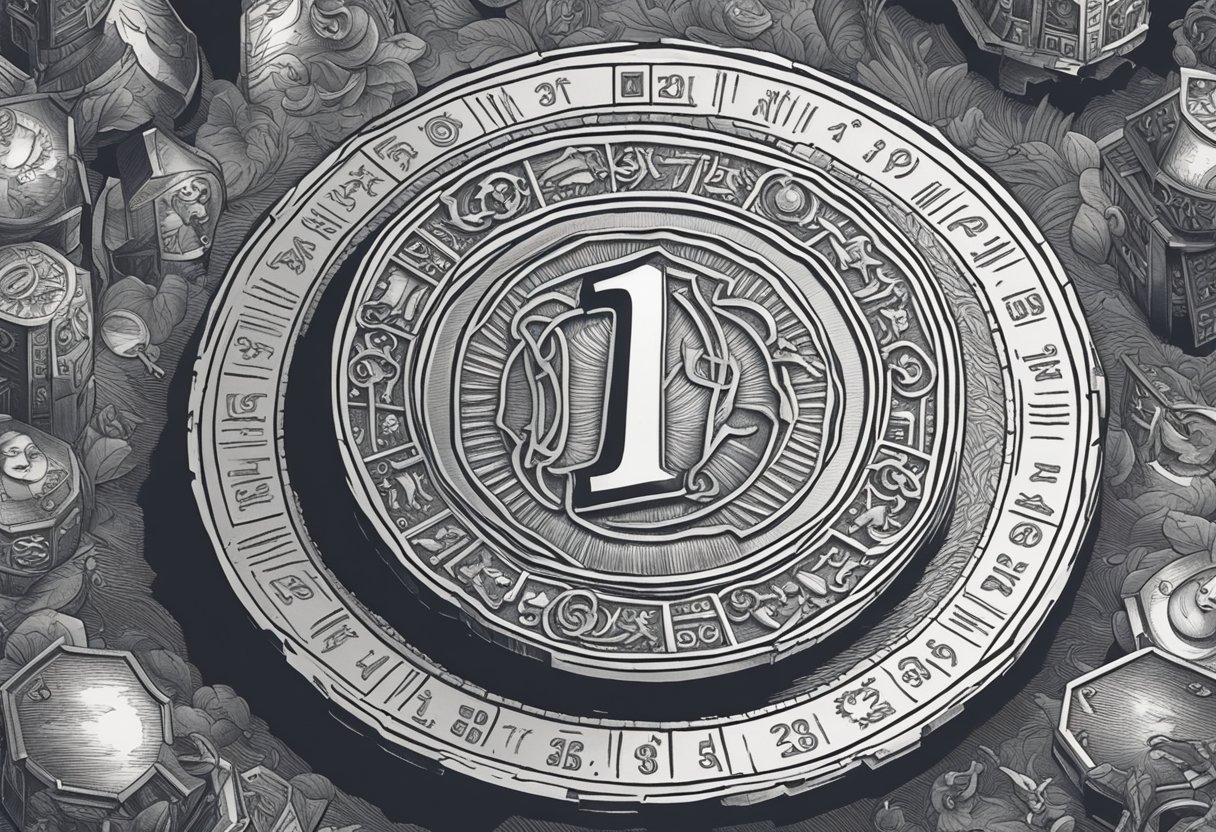 A shining penny surrounded by numerology symbols and folklore imagery