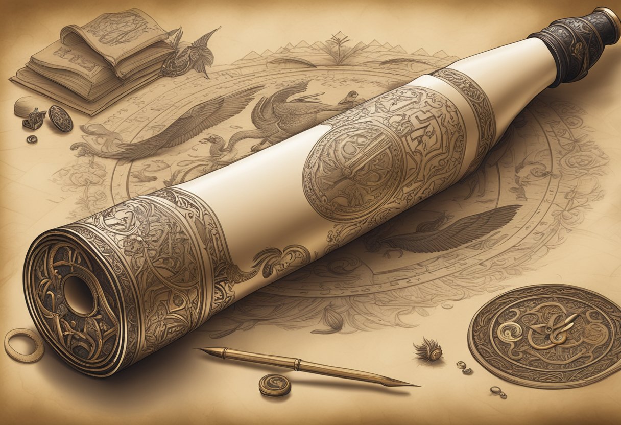 A quill pen inscribing "Pierce" on a parchment scroll, surrounded by ancient symbols and historical artifacts