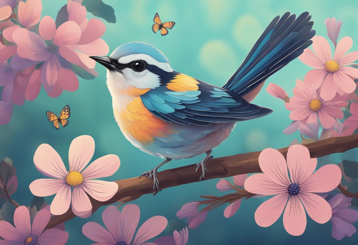 A small bird named Piper perches on a tree branch, surrounded by colorful flowers and fluttering butterflies