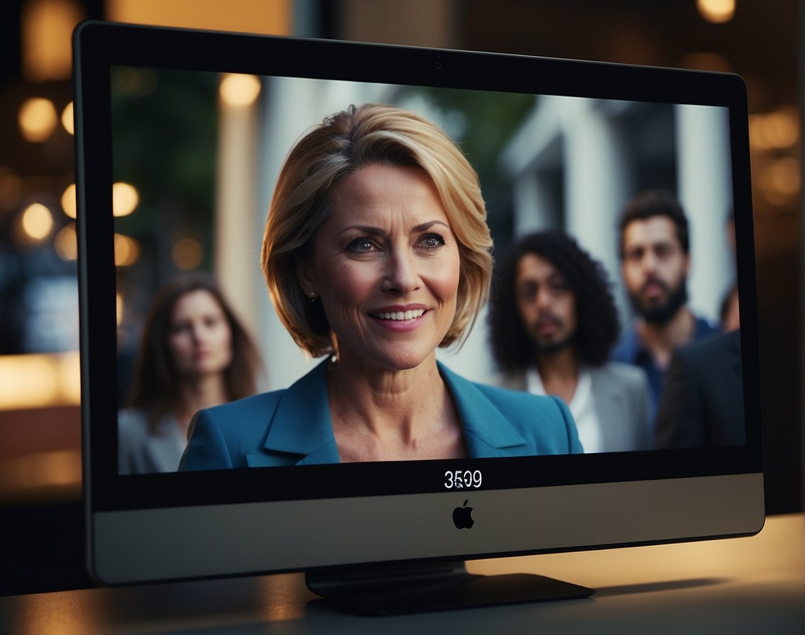 A computer screen displays a realistic video of a public figure saying false information, while onlookers react in disbelief