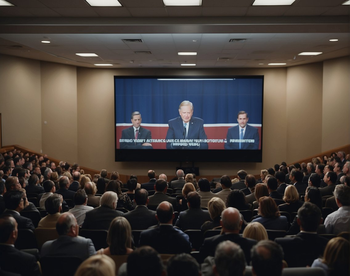 A press conference with a politician denying a deep fake video, while media and public react with skepticism and distrust