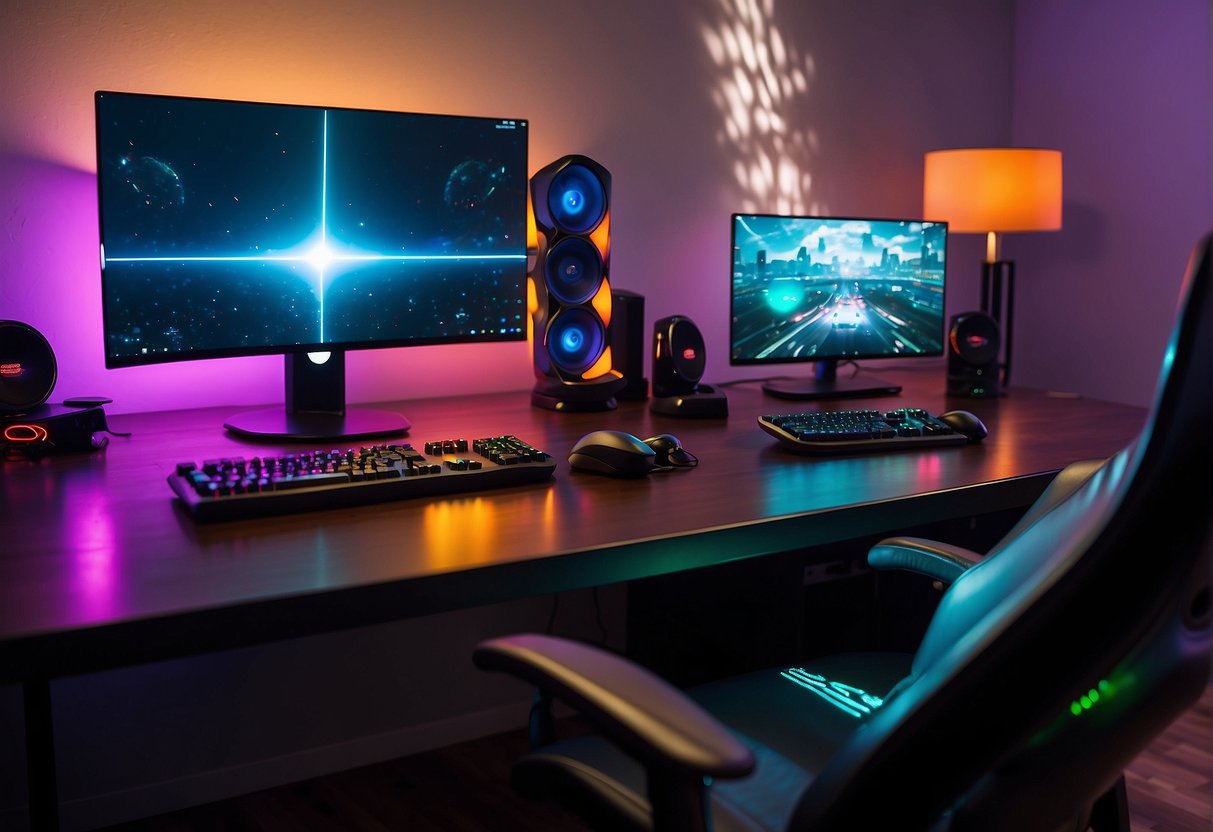 A gaming PC and a console face off on a sleek, modern desk, surrounded by colorful LED lights and gaming peripherals