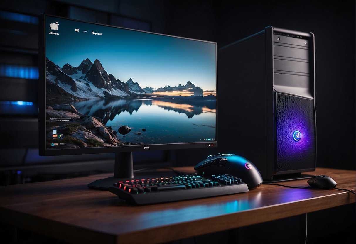 A gaming PC and console sit side by side on a desk, with a keyboard and mouse next to the PC and a controller next to the console. The PC is lit up with RGB lights, while the console has a sleek, minimalist design
