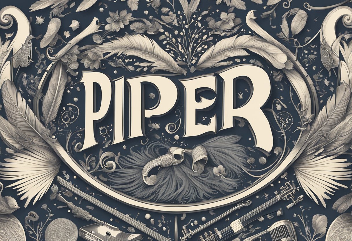 A whimsical scene of musical instruments and bird feathers swirling around the name "Piper" in various fonts and styles