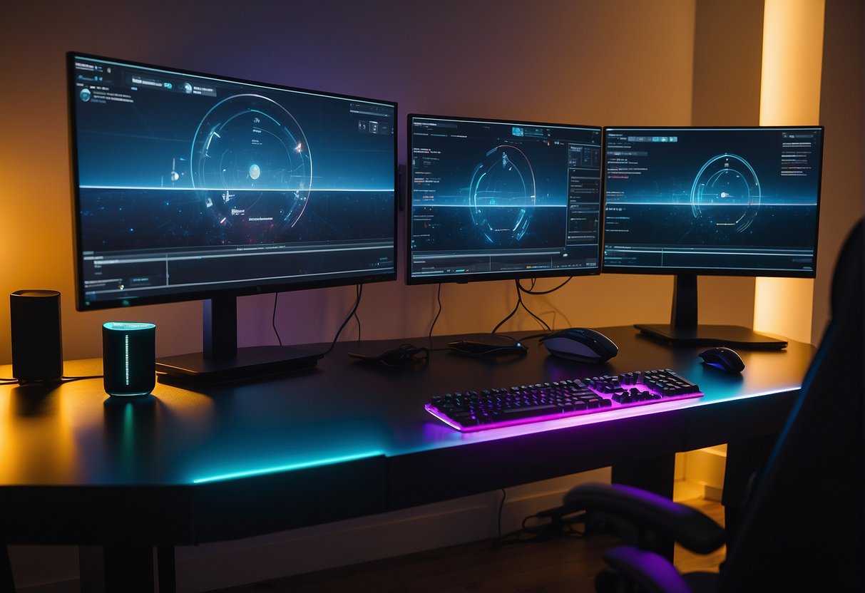 A gaming PC and console sit side by side on a sleek desk, surrounded by various peripherals and accessories. The PC is adorned with RGB lighting, while the console exudes a minimalist, sleek design. A chart comparing cost and value for money hovers