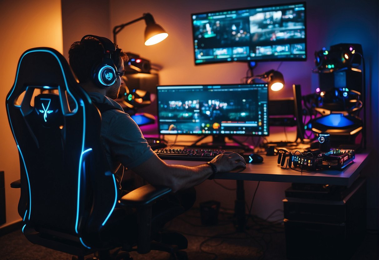 A gamer sits at a desk with a gaming PC on one side and a console on the other, surrounded by controllers, headsets, and a large monitor