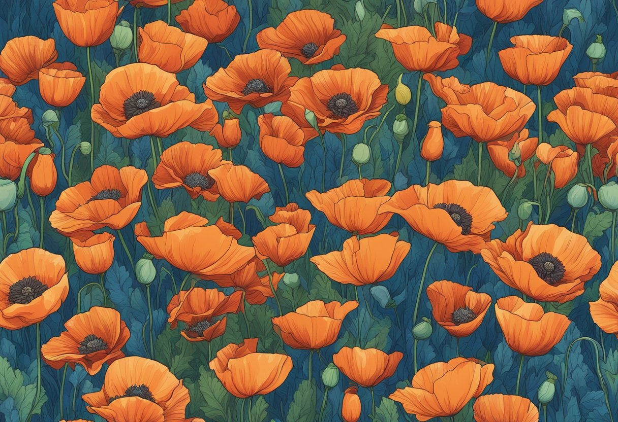 A colorful field of vibrant poppy flowers swaying in the breeze under a bright blue sky