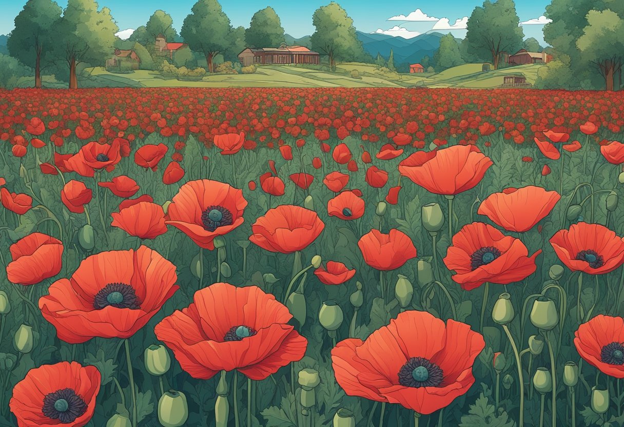 A field of vibrant red poppy flowers blooming in a garden, surrounded by diverse cultural symbols and influences
