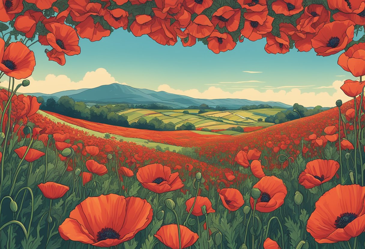 A field of vibrant red poppies swaying in the breeze, with a prominent sign reading "Notable Namesakes" in bold letters