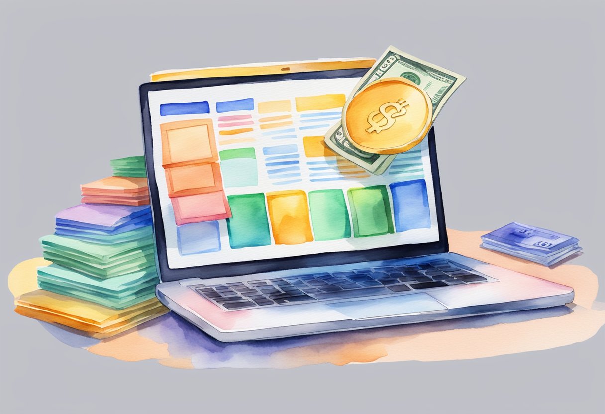 A laptop with a vibrant screen displaying a blog post on SEO and content creation. A stack of cash sits next to it, symbolizing the potential for earning money through blogging