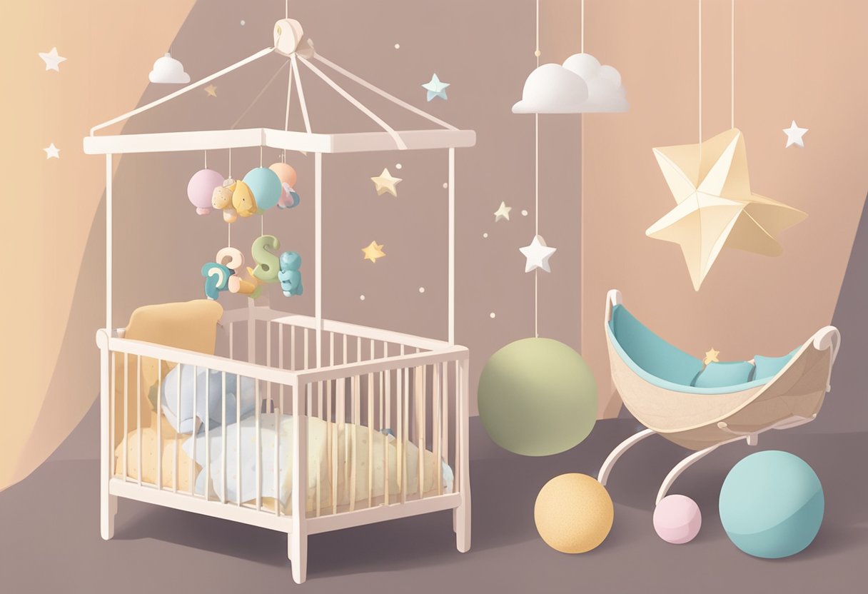 A baby mobile with the name "Preston" hanging from it, surrounded by soft, pastel-colored toys and a cozy crib