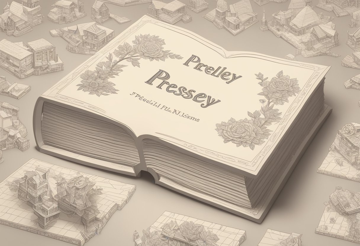 A baby name book open on a table, with the name "Presley" highlighted and surrounded by other names