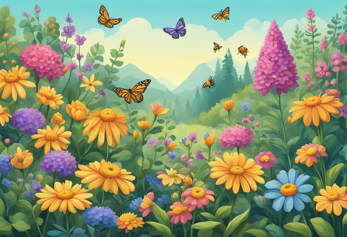 Colorful flowers bloom in a lush garden, surrounded by buzzing bees and fluttering butterflies. A sign reads "Attract Pollinators" with a list of recommended plants