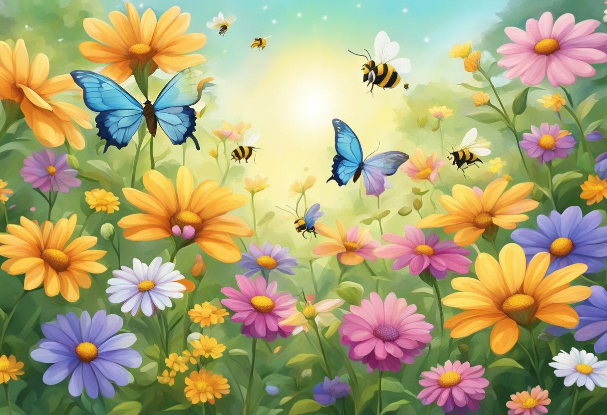 Colorful flowers bloom in a sun-drenched garden. Bees and butterflies flit from blossom to blossom, pollinating as they go