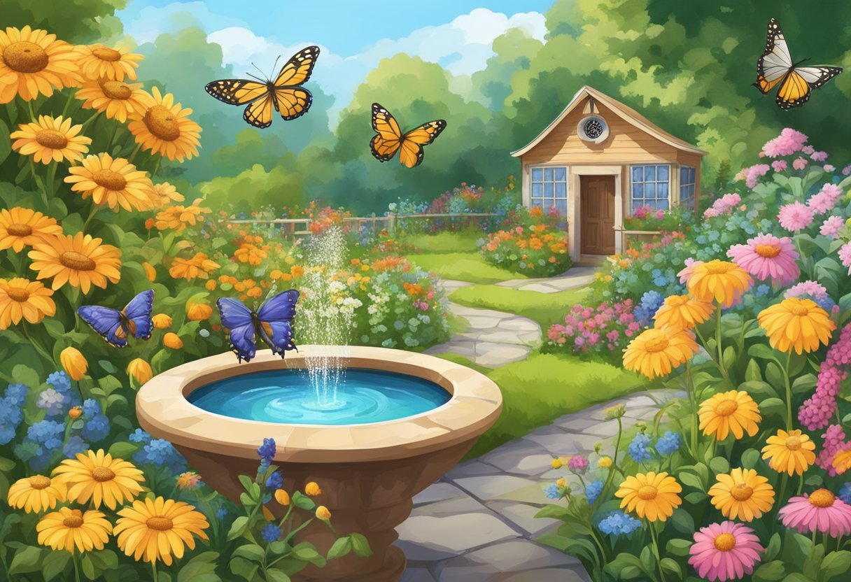 A colorful garden with blooming flowers, buzzing bees, and fluttering butterflies. Bird baths and native plants provide food and shelter for pollinators