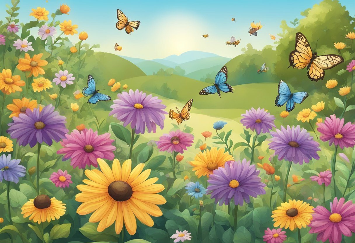 Colorful flowers bloom in a garden, surrounded by buzzing bees and fluttering butterflies. A sign reads "Attracting Pollinators" with helpful tips