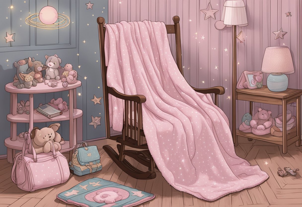 A soft, pink blanket with "Raelynn" embroidered in delicate script rests on a rocking chair, surrounded by toys and a mobile of stars and moons