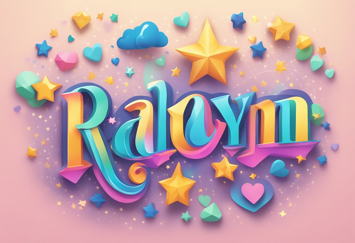 A baby name "Raelynn" trending in a colorful, playful font surrounded by stars and hearts