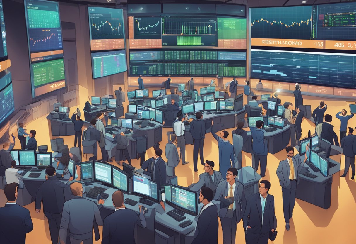 Um movimentado mercado de ações com traders gesticulando e gritando, cercados por telas digitais exibindo preços de ações e dados financeiros