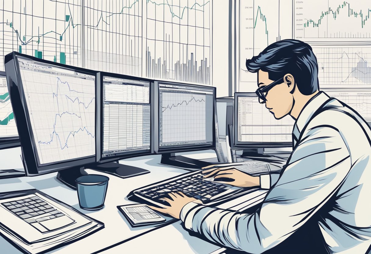 Uma mesa com computador, relatórios financeiros e gráficos de ações. Uma pessoa analisando dados com uma expressão focada