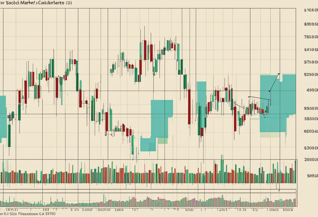 Um gráfico do mercado de ações com padrões de velas, barras de volume e linhas de tendência