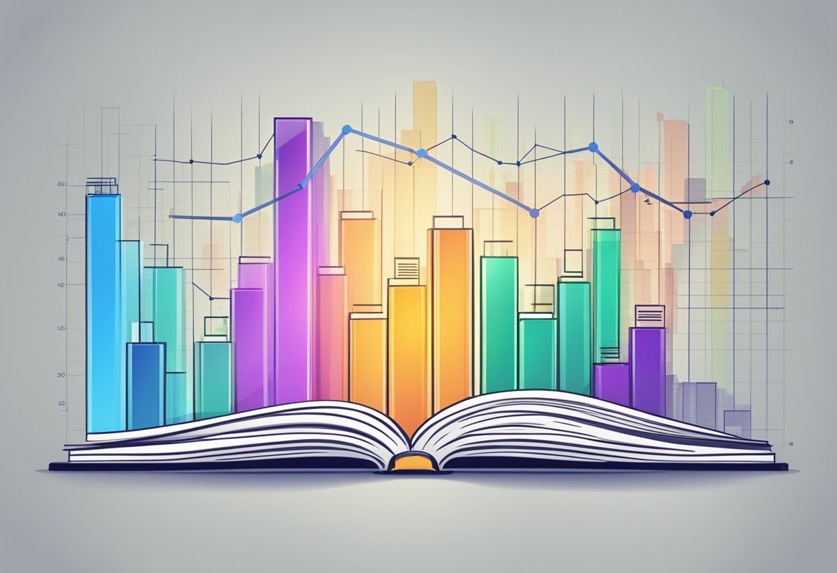 Um gráfico do mercado de ações com tendência ascendente, rodeado de gráficos financeiros e livros de investimento