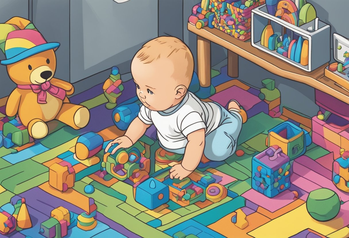 A baby named Ramsey playing with colorful toys on a soft, plush rug