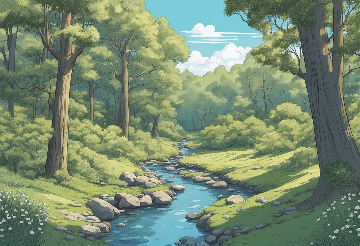 A serene forest clearing with a babbling brook, surrounded by ancient oak trees and wildflowers, under a clear blue sky