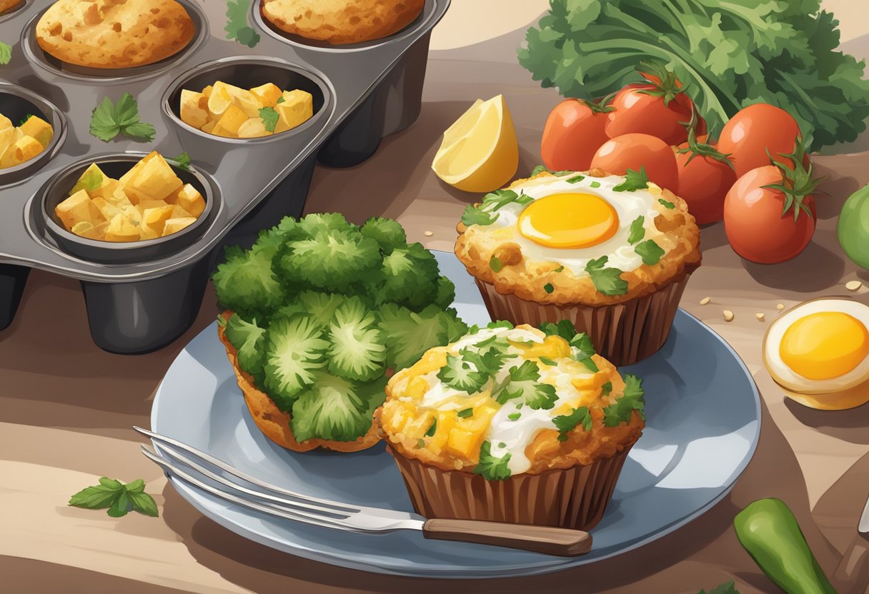 Leftover veggies and meat are chopped and mixed with eggs, then cooked into savory muffins and served with a side of fresh fruit