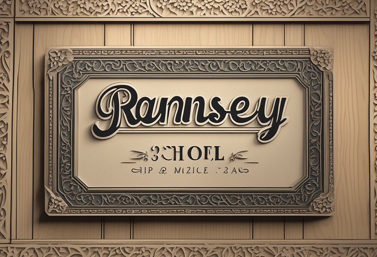 A baby name "Ramsey" displayed on a vintage-inspired name plaque with elegant script lettering