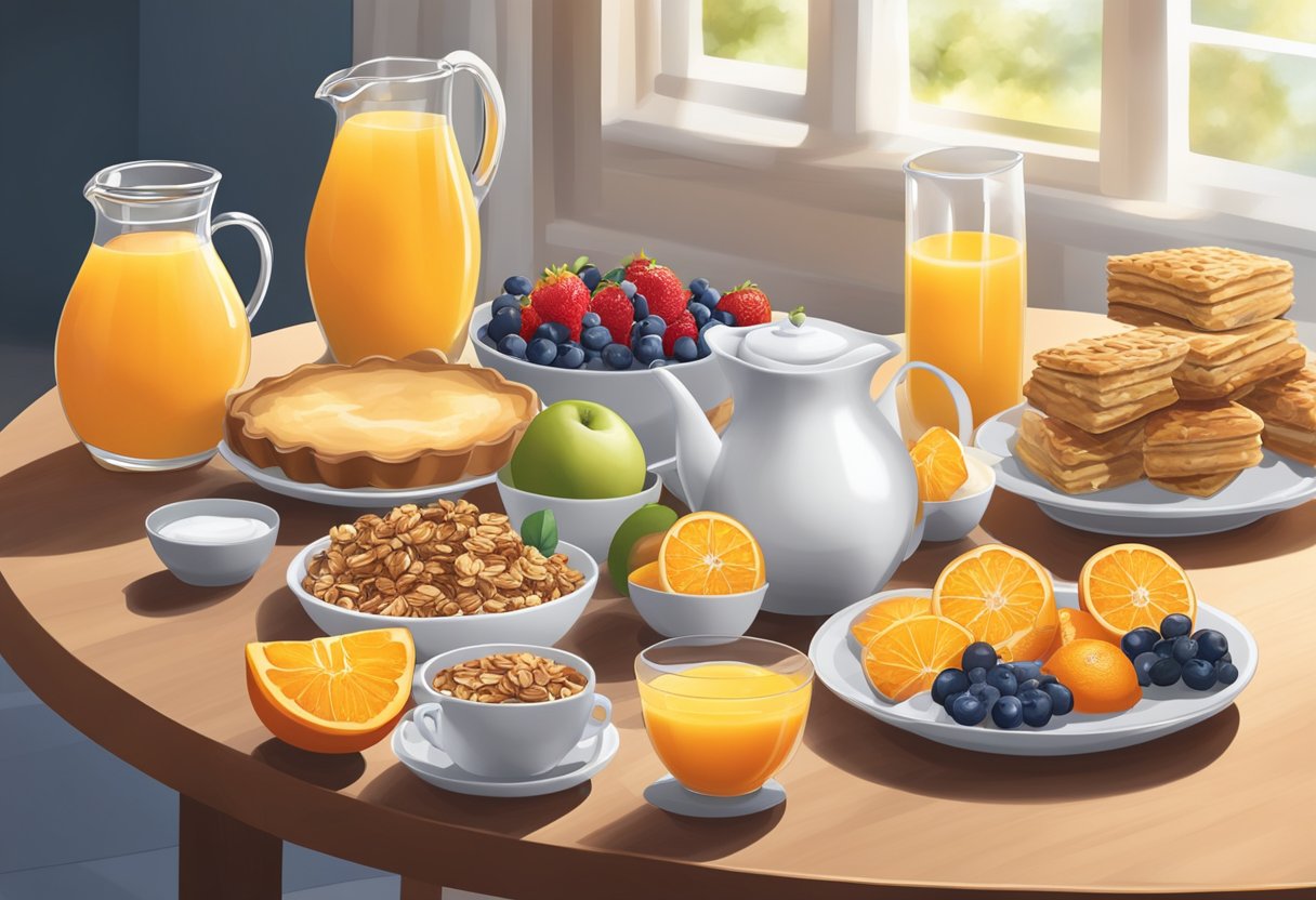 A table set with a spread of fresh fruits, yogurt, granola, and a variety of breakfast pastries. A steaming pot of coffee and a pitcher of orange juice complete the scene